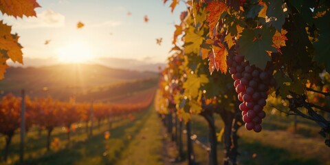 Fototapeta premium Vineyard scene during fall with colorful foliage, highlighting seasonal agricultural activity