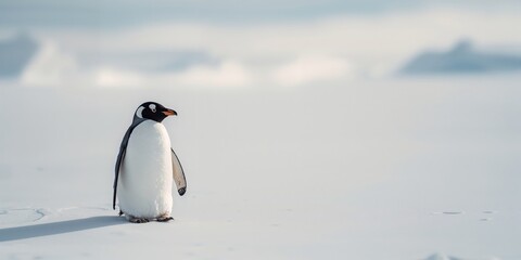 Naklejka premium Gentoo penguin navigating icy terrain in Antarctica, highlighting species survival in harsh environments