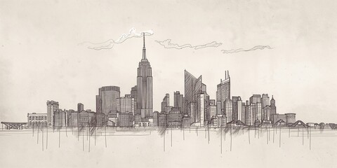 Obraz premium Hand-drawn city skyline sketch, urban density as a background for editorial header design
