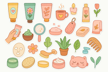 Colorful skincare and self-care stickers with plants and beauty accessories