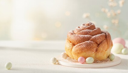 Naklejka premium Flower-shaped cinnamon buns dusted with powdered sugar, designed for bakery presentation
