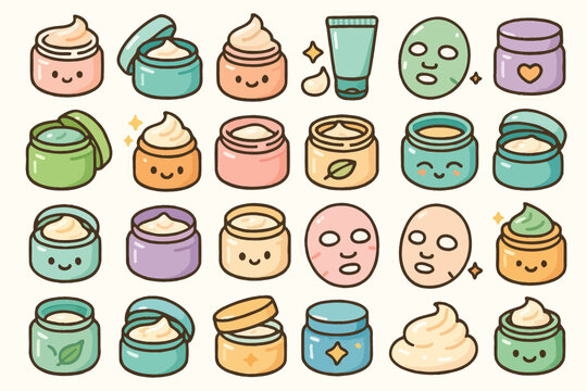 Cute cartoon skincare icons: cream jars, face masks, tubes, and whipped cream