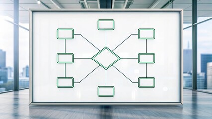 A modern office space featuring a whiteboard with a flowchart design, set against a backdrop of city skyscrapers and large windows.