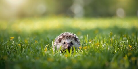Fototapeta premium European hedgehog in natural garden setting with green grass and yellow buttercup, wildlife habitat preservation