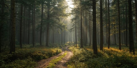 Fototapeta premium Natural forest scene with lush greenery, seasonal change, Earth Day
