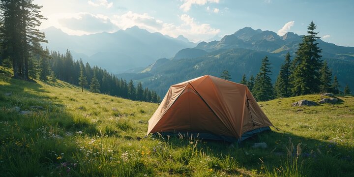 Summer camping scene with a brown tent in mountain forest, emphasizing easy setup for outdoor travel