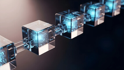 ブロックチェーンを象徴する連なるガラスの立方体と光のデータの近未来背景素材（3Dレンダリング・コピースペース）