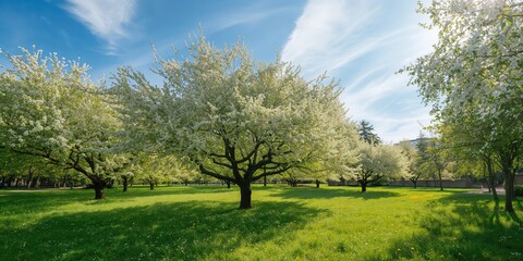 Naklejka premium Apple trees blooming in a Minsk park during summer, serving as a natural background for landscape design
