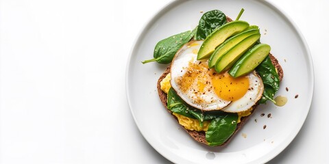 Avocado slices paired with scrambled eggs, seasonings, and spinach on healthy bread, focusing on balanced breakfast options, World Breakfast Day
