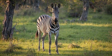 Obraz premium Zebra with striped pattern grazing in a paddock, natural environment highlighting wildlife, World Wildlife Day