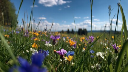 Colorful Wildflowers in a Lush Green Meadow with Blue Sky and Soft Clouds in the Background Captured in the Golden Hour of Daylight