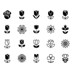 Collection of Silhouetted Flower Icons for Design and Decoration