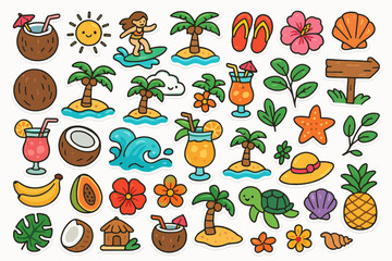 Colorful summer beach doodles featuring drinks, palm trees, and tropical elements