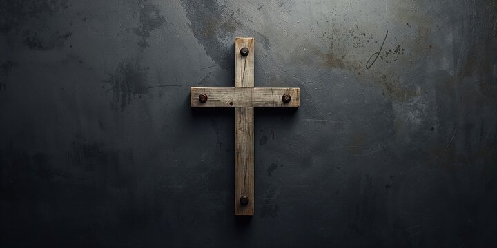 Cross with rusty nails and bloodstains against slate grey, illustrating Christian symbolism and sacrifice, Good Friday observance