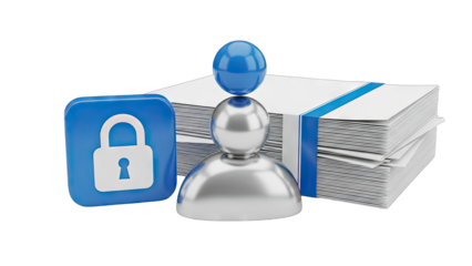 Digital Security Concept of Secure Data and Identity Protection with a Lock Icon and Stack of Files on Transparent Background