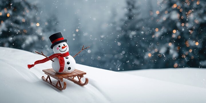 Christmas card featuring a snowman riding a sled, seasonal holiday imagery - Powered by Adobe