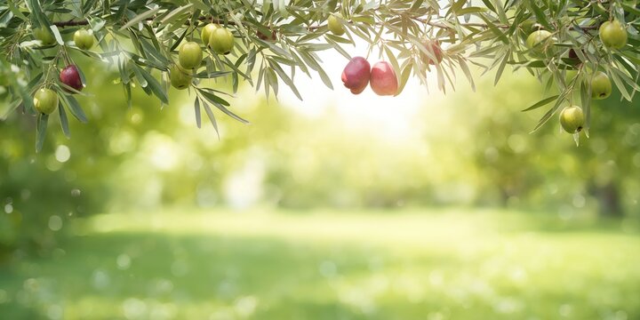 Green branches with olive and oleaster fruits on a summer day, natural food ingredients for health awareness
