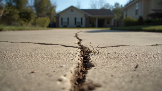 Damaged sunken driveway with visible cracks, repair focus