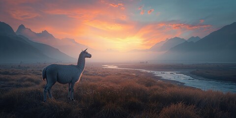 Fototapeta premium A vicuna on the moor looking towards distant mountains amid descending fog, highlighting wildlife in natural settings
