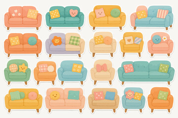Colorful sofa set with cushions in various designs and pastel shades