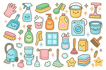Cute cartoon cleaning supplies with faces and smiling expressions