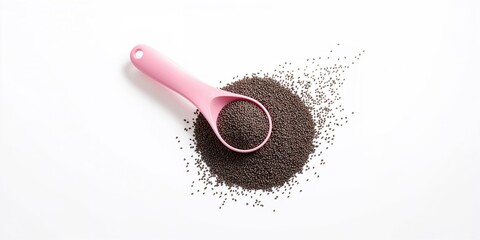 Pink electronic measuring spoon with scattered chia seeds, designed for precise portioning of healthy ingredients, Food Safety Week
