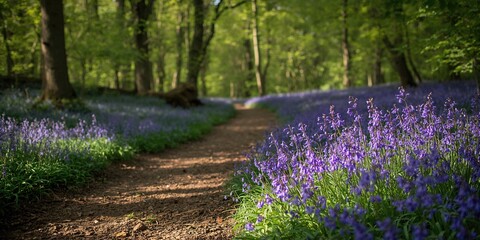 Naklejka premium Green forest scene with sunlit wild bluebell flowers, seasonal change