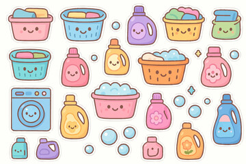 Cute illustrated laundry elements with happy faces and soapy bubbles