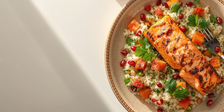 Salmon atop couscous salad, highlighting a protein-rich dish for healthy eating