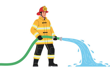 Smiling firefighter in yellow gear holding hose, spraying water