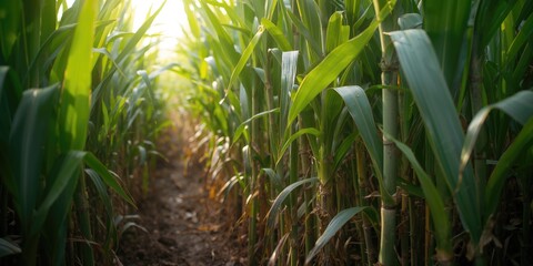 Obraz premium Closeup of sugarcane plants in growth at field, agricultural sustainability practices