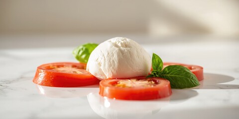 Mozzarella cheese paired with fresh tomatoes and basil leaves, ideal for salads or garnishing dishes, World Food Day
