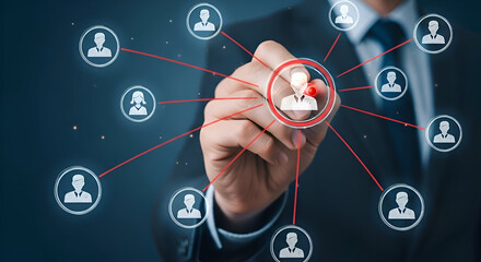 Businessman draws connections between user icons on a digital network interface symbolizing team management social media influence and global communication strategies in a dark setting