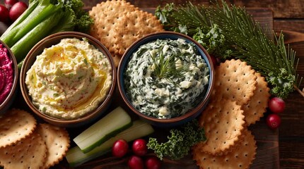 Three bowls of holiday dip assortment with crackers and vegetables