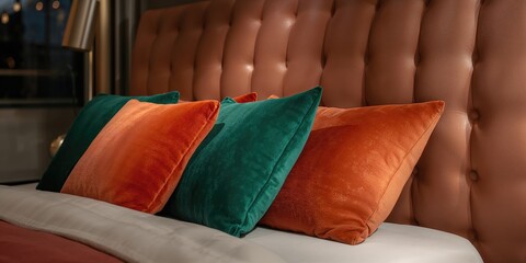 Naklejka premium Close-up of emerald and orange pillows on a bed with a leather quilted headboard, interior design details, World Sleep Day