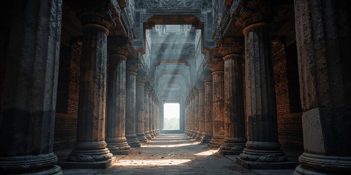 Aisle of Angkor Wat, Cambodia, archaeological site emphasizing preservation efforts