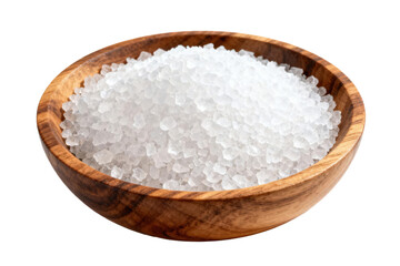 Close-up view of coarse salt in a wooden bowl