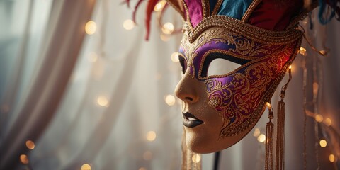 Detailed view of an elegant carnival mask designed for masquerade events, highlighting intricate patterns