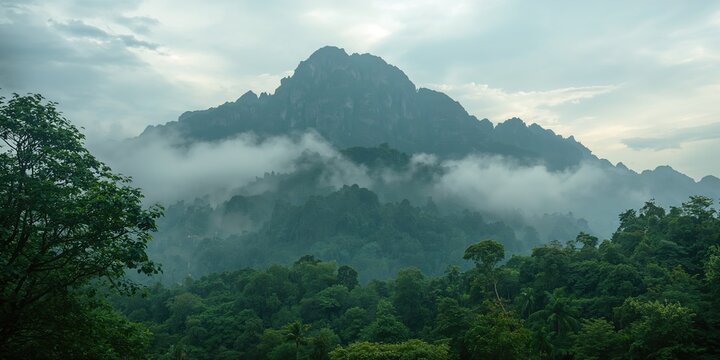 Fototapeta Mountain landscape with fog and moist air following rainfall, ideal for environmental backgrounds