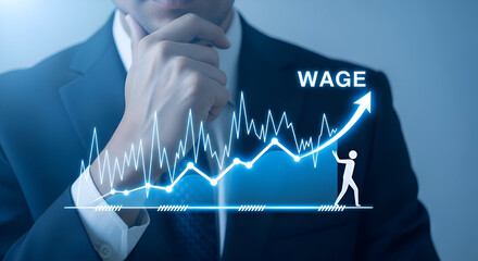 Businessman contemplates rising wage trends represented by a glowing upward trending financial graph with an ascending arrow and small figure symbolizing career growth and economic prosperity