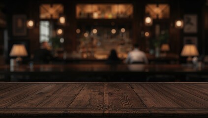 Retro wood bar and dark brown desk surface blurred background, suitable for editorial header or UI backdrop