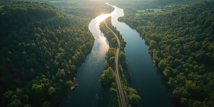 Bird's-eye perspective of a river amid trees with a nearby road, highlighting natural environment and infrastructure, World Environment Day