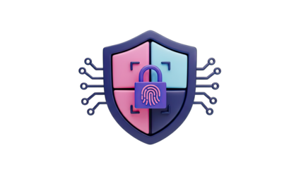 Digital Security Shield With Fingerprint Padlock and Circuit Board Elements on a Transparent Background Represents Cyber Security and Data Protection Concepts