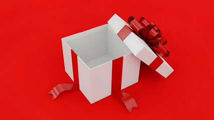 an open white gift box with a red ribbon and bow is displayed against a vibrant solid red background symbolizing celebration and anticipation high quality professional