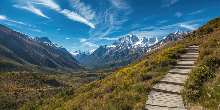 Hooker Valley Walking Trek through mountain landscape with blue sky and yellow accents, outdoor adventure and natural scenery