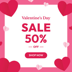 Valentine's Day Sale 50% off Poster or Banner with Many Paper Cut Hearts on Pink and White Background. Promotion and Shopping Template or Background Valentine's Day