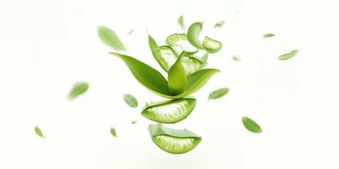 Herbal ingredients of tea leaves and aloe vera slices set against a white background, focusing on natural health benefits