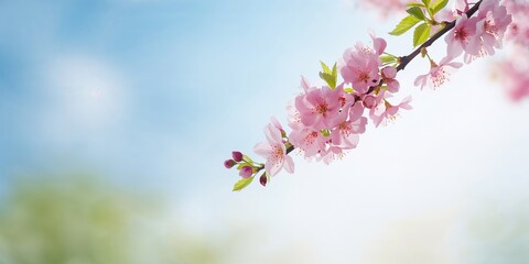 Obraz premium Close-up of pink flowering cherry branch, seasonal bloom for spring celebration