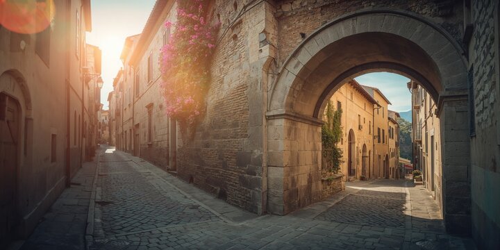 Ruins and old structures in Abruzzo, Italy, providing a scenic backdrop for heritage-themed text placement