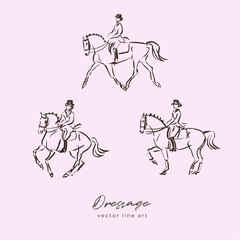 Equestrian sport line art, horse and rider, dressage illustrations